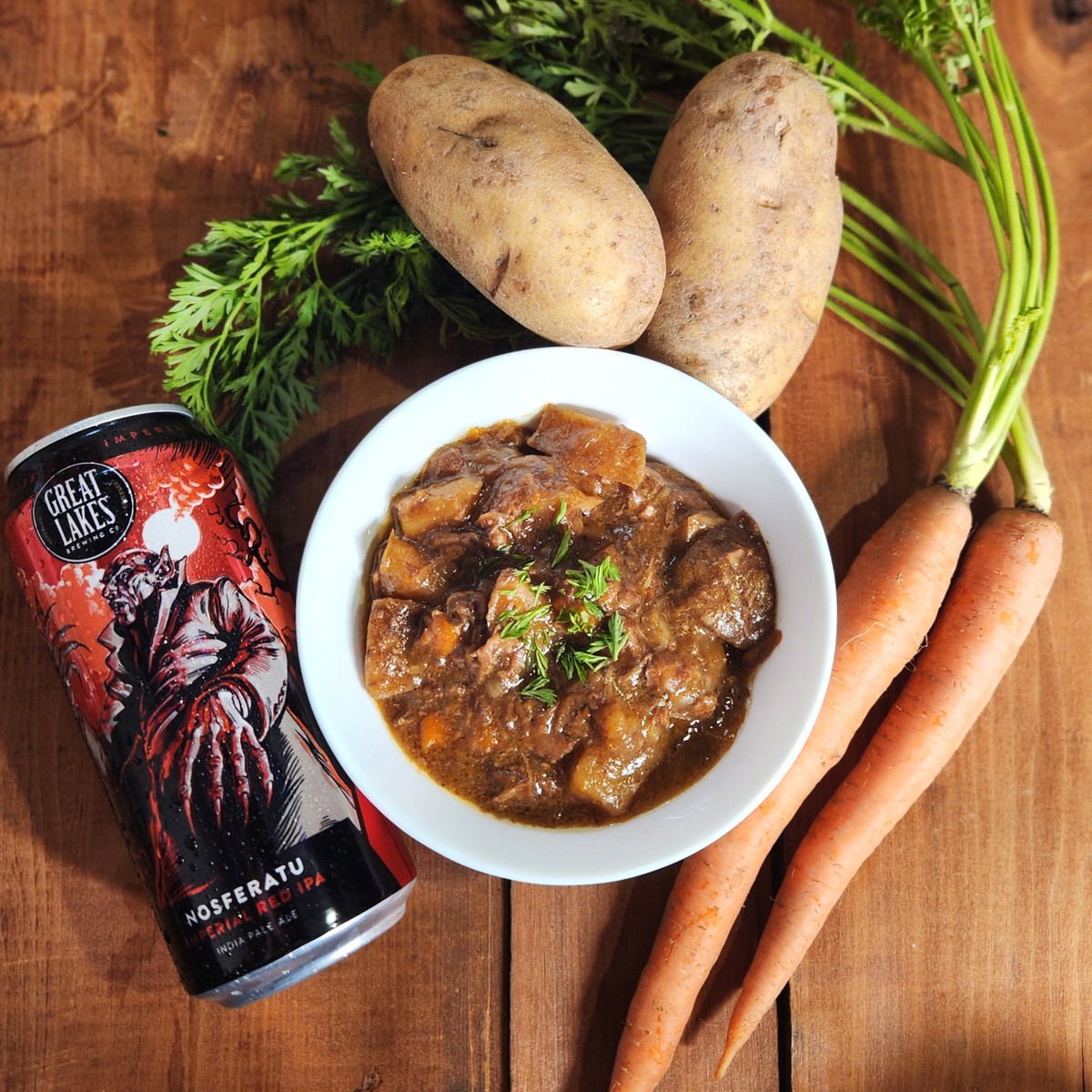 Beef stew with vegetables and Nosferatu Imperial Red IPA
