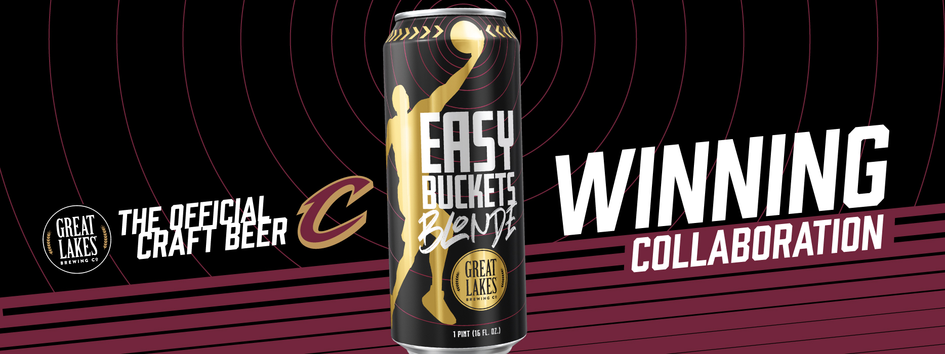 Great Lakes Brewing Company the Official Craft Beer of the Cleveland Cavaliers. Easy Buckets Blonde Can with Text "A Winning Collaboration"