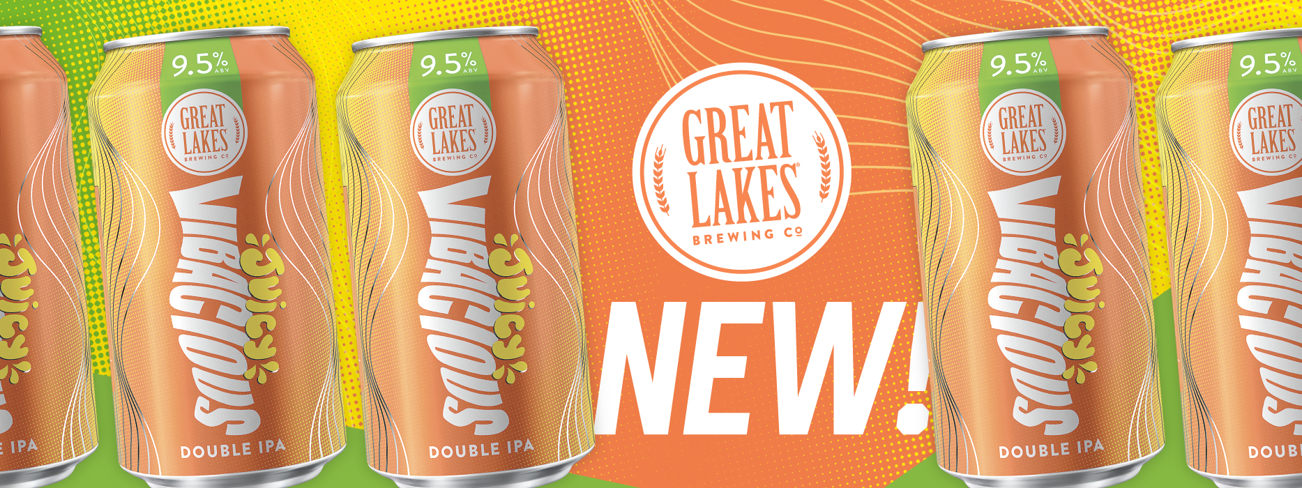 Pattern of Juicy Vibacious Double IPA Cans with Great Lakes Logo and "New"