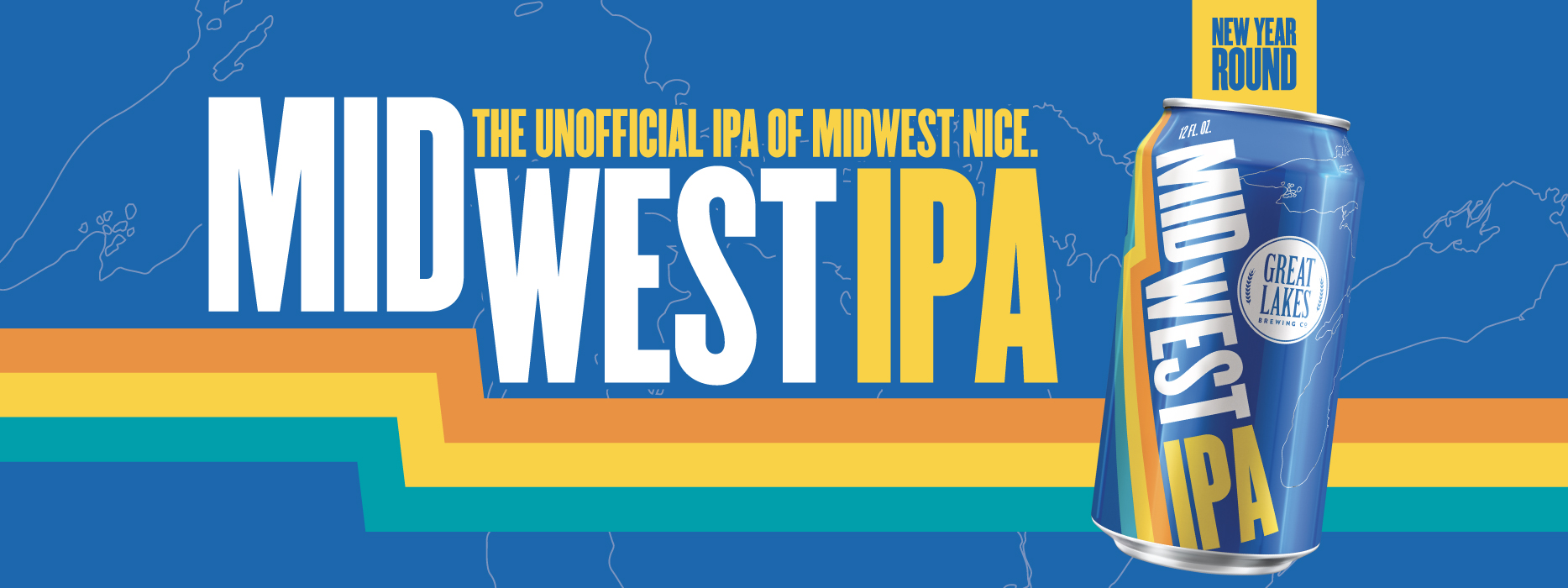 Midwest IPA 12 ounce can with text reading Midwest IPA the Unofficial IPA of Midwest Nice, new year-round
