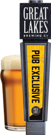 Rendering of a pint glass filled with a golden beer next to a Pub Exclusive tap handle.
