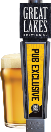 Rendering of a light beer in a pint glass beside a Pub Exclusive tap handle.