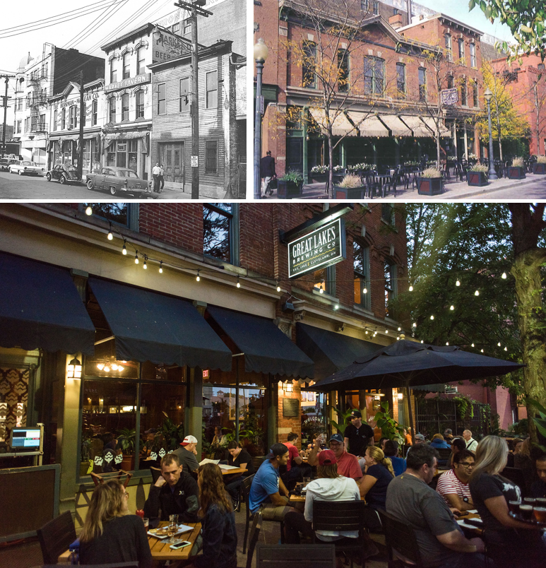 Market Ave. in 1963 (upper left); the brewpub patio in the early 90’s (upper right) and current (bottom)