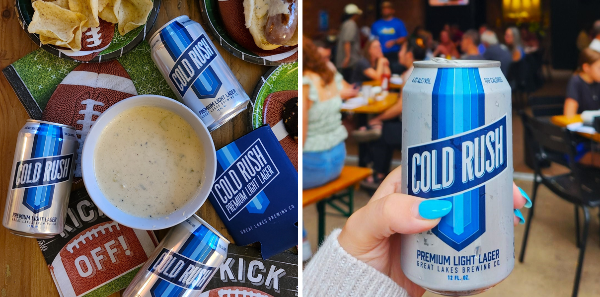 Two photos of Cold Rush Premium Light Lager, one with cans placed among football snacks, the other held up in front of a trivia night.