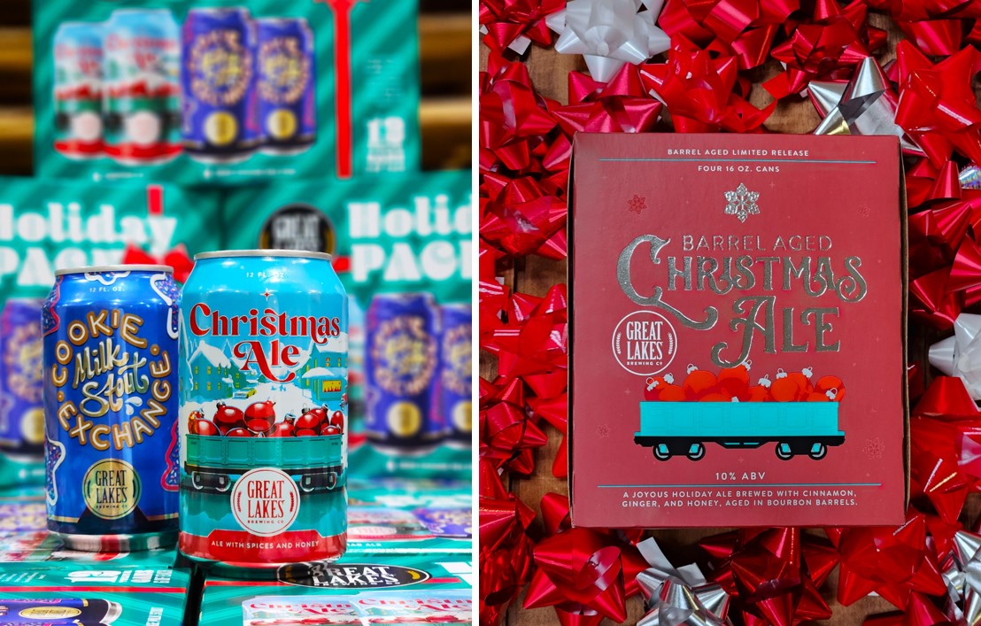  Christmas Ale and Cookie Exchange cans on a stack of Holiday Packs; Barrel Aged Christmas Ale 4-Pack with bows.