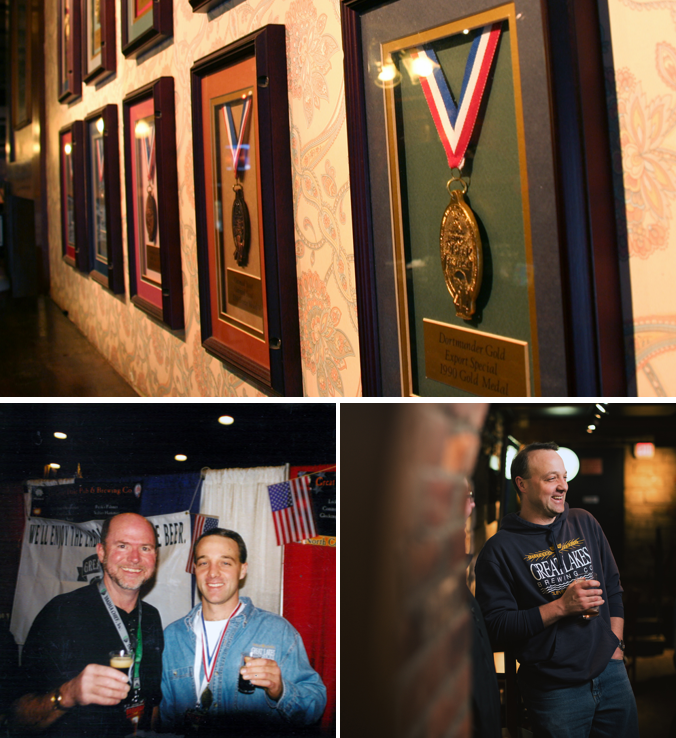 GLBC’s GABF medals (top); Brewmaster Mark Hunger circa 2000 (left) and current (right)