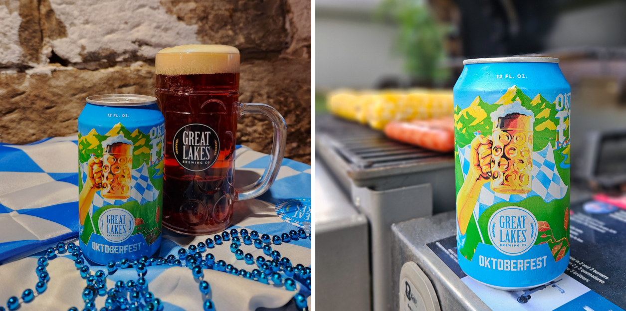 Two photos of Oktoberfest, one with 12 oz. Can and filled stein in a cellar, the other with 12 oz. Can on the side of a packed grill.