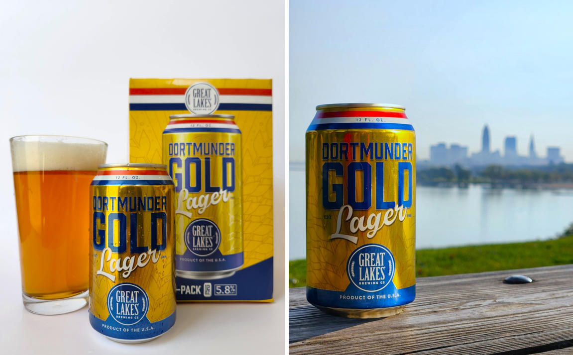 Two photos of the refreshed Dortmunder Gold Lager packaging, including 12 oz. Can, 6-Pack, and a filled pint glass in one photo, and a can in front of the Cleveland skyline in the other.