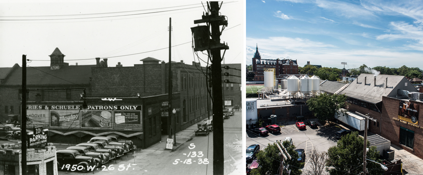 Former Schlather distribution center in 1938 (left); current GLBC production facility (right)