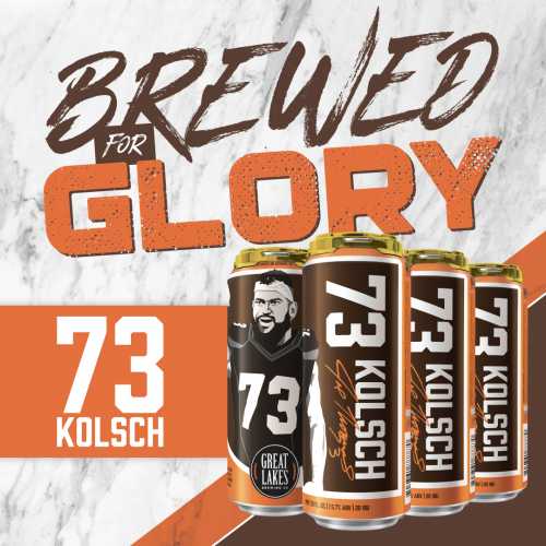 73 Kolsch Brewed for Glory. Gold-topped 6-Pack 73 Kolsch cans featuring Joe Thomas.