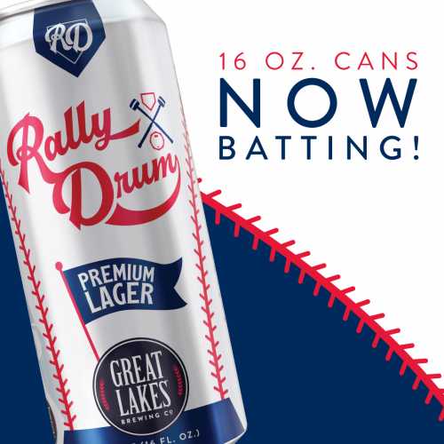 Baseball stitch graphic with 16 ounce can of Rally Drum Premium Lager. Text reads "16 oz. cans now batting"