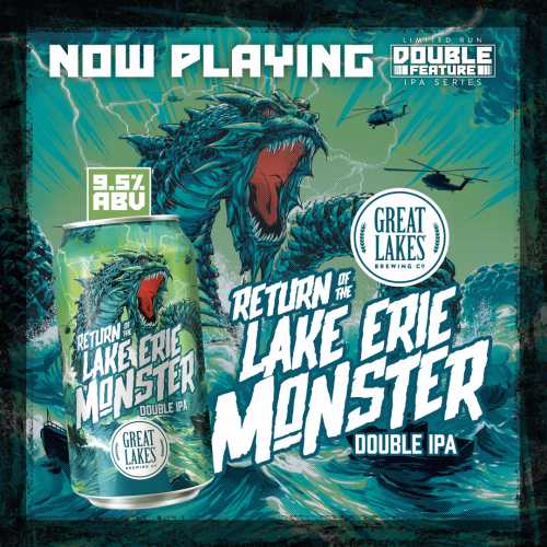 Great Lakes Return of the Lake Erie Monster Double IPA can and artwork with "Now Playing: Return of the Lake Erie Monster" text