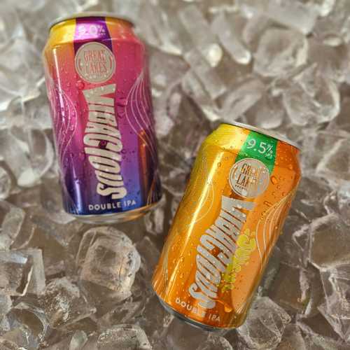 12 oz. Cans of Vibacious Double IPA and Juicy Vibacious Double IPA on ice.