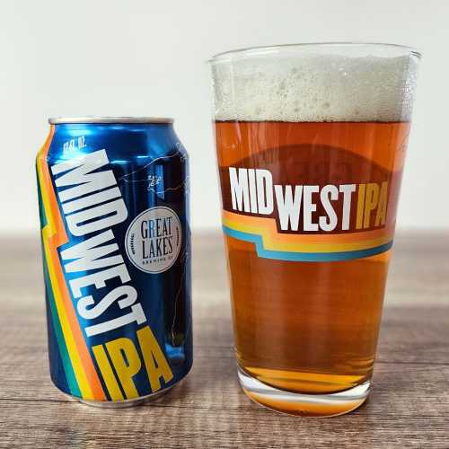 12 oz. Can of Great Lakes Midwest IPA and a filled Midwest IPA pint glass.